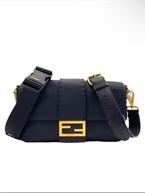 Fendi Baguette Convertible Black Leather Bag with Gold Hardware